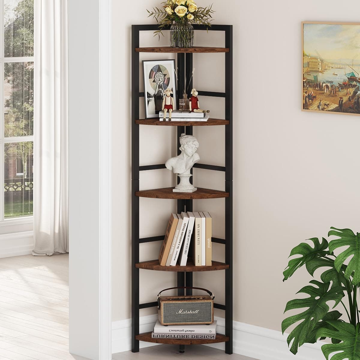 BON AUGURE Rustic Oak 5 Tier Industrial Corner Bookshelf