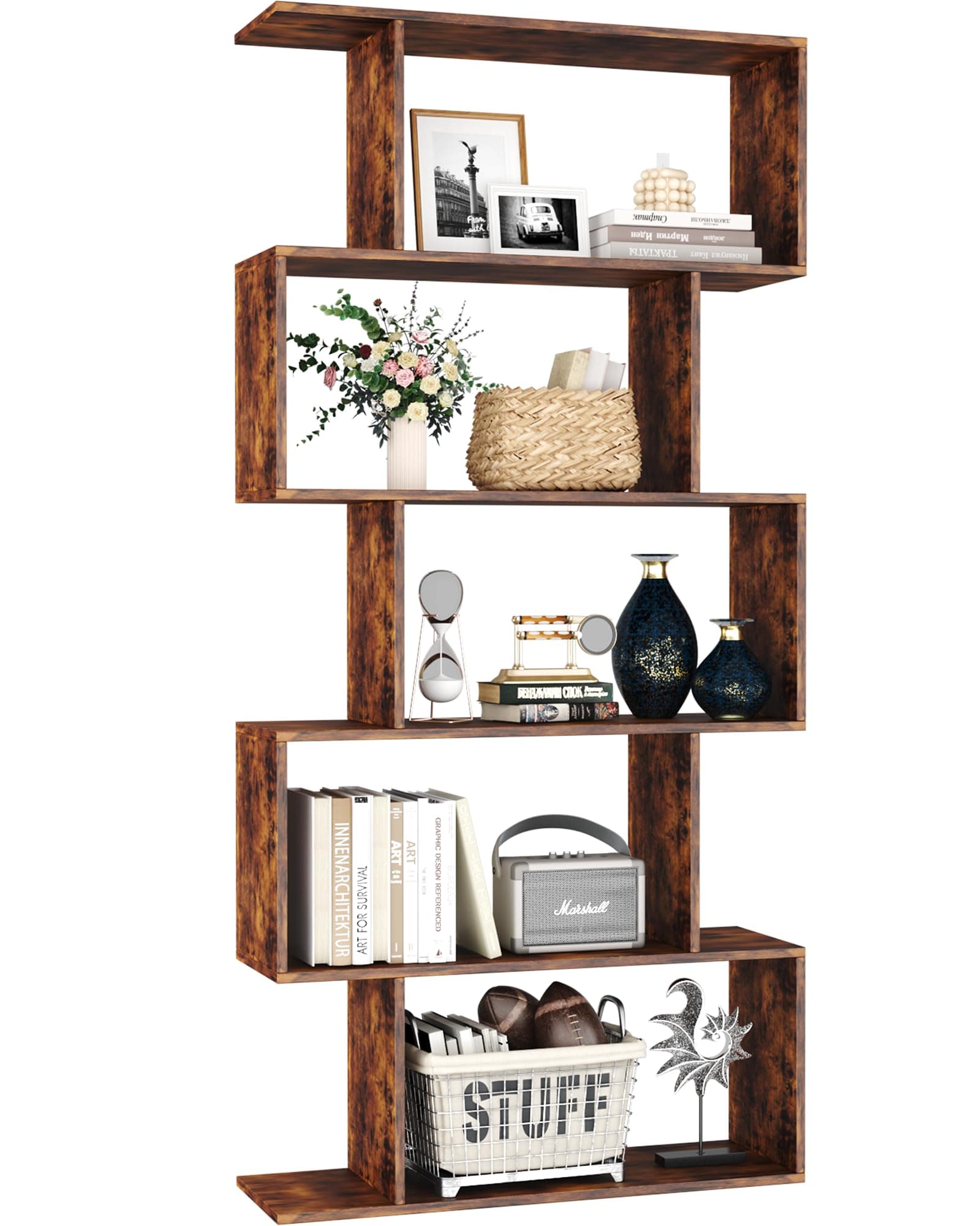 Yusong 5-Tier Geometric S-Shaped Bookshelf, Modern Rustic Brown Home Office Decor