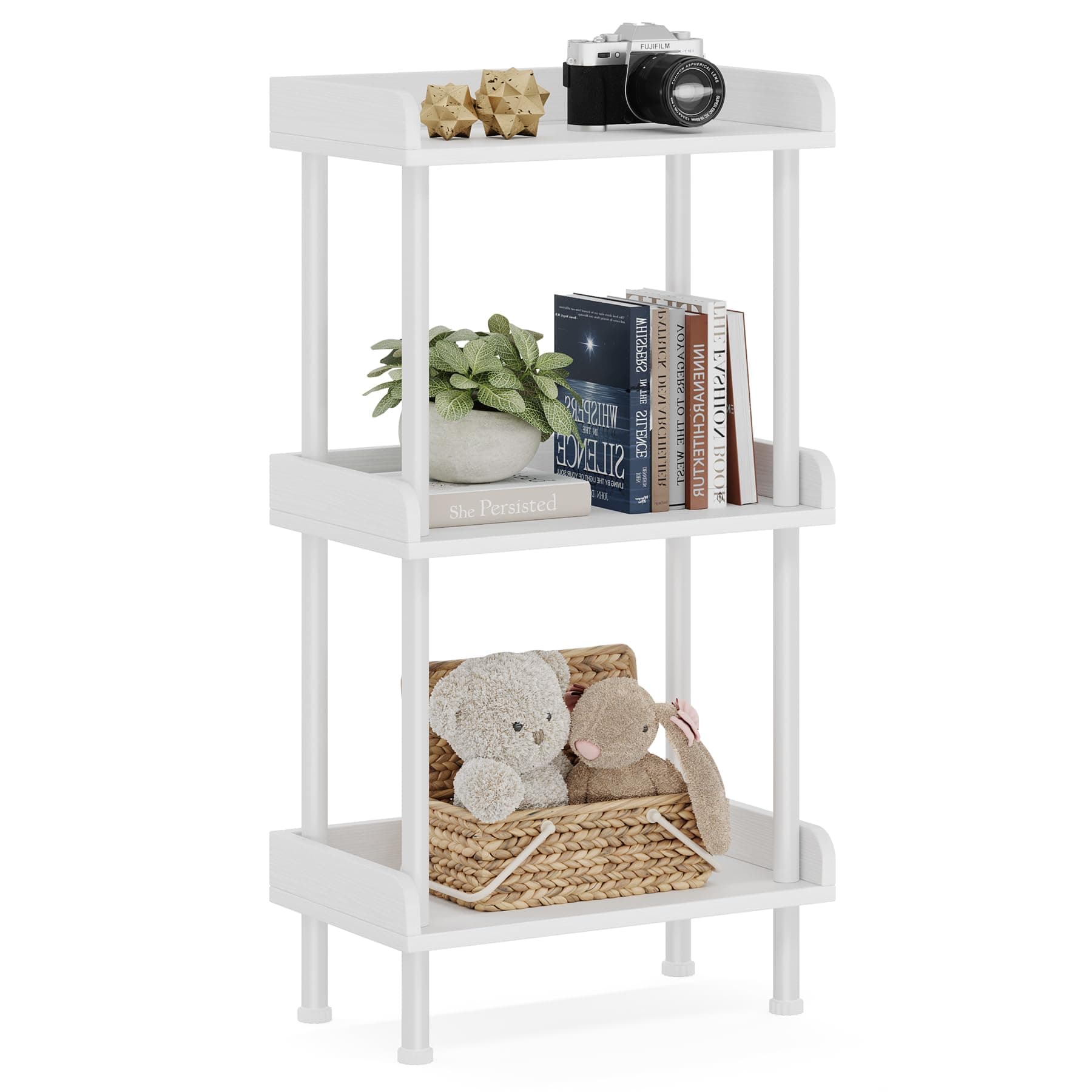 Small 3-Tier Wood Bookcase with Metal Edge Protection - White Industrial Bookshelf for Living Room Bedroom Home Office