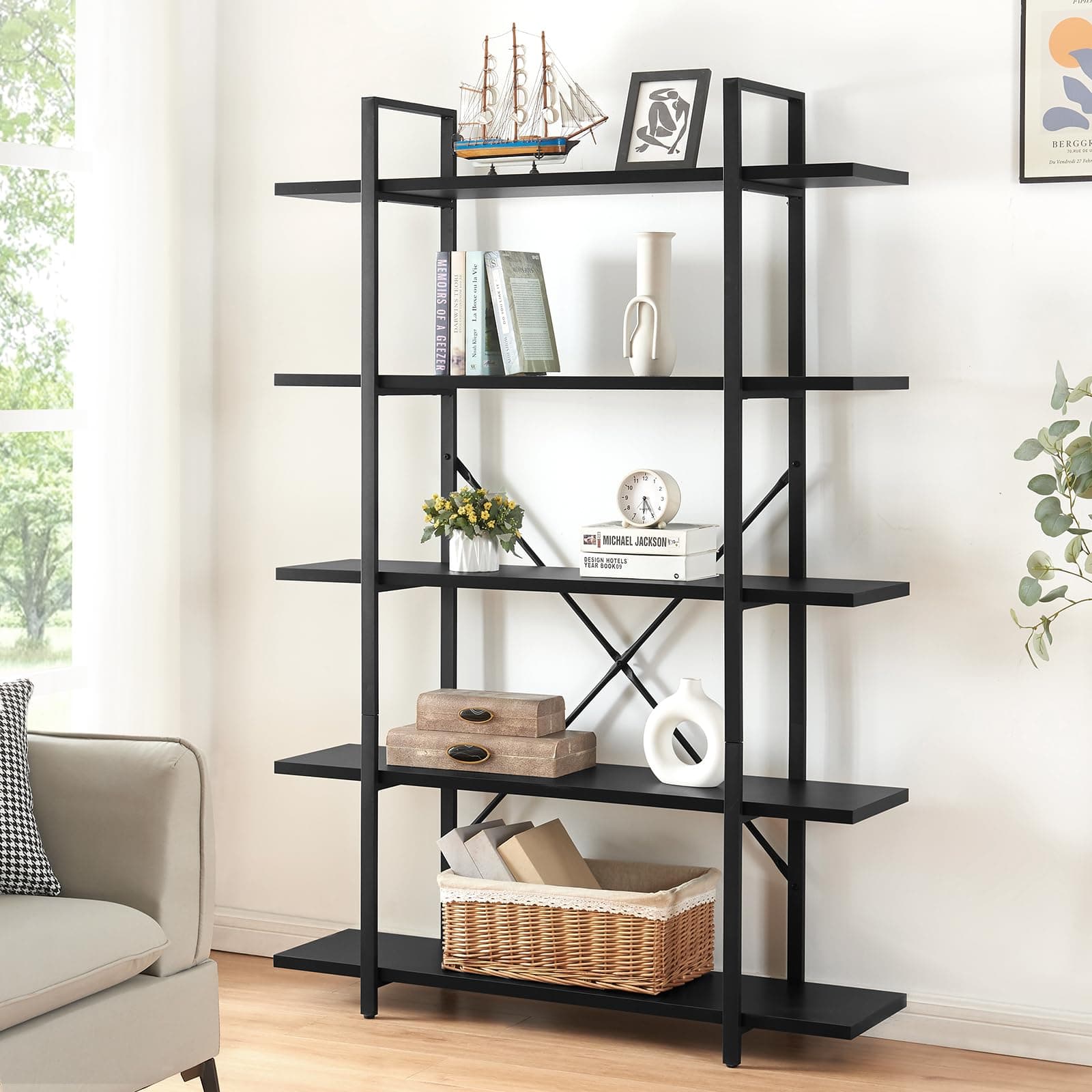 5 Tier Industrial Bookshelf for Bedroom, Living Room, Office - 70 Tall Rustic Storage Rack