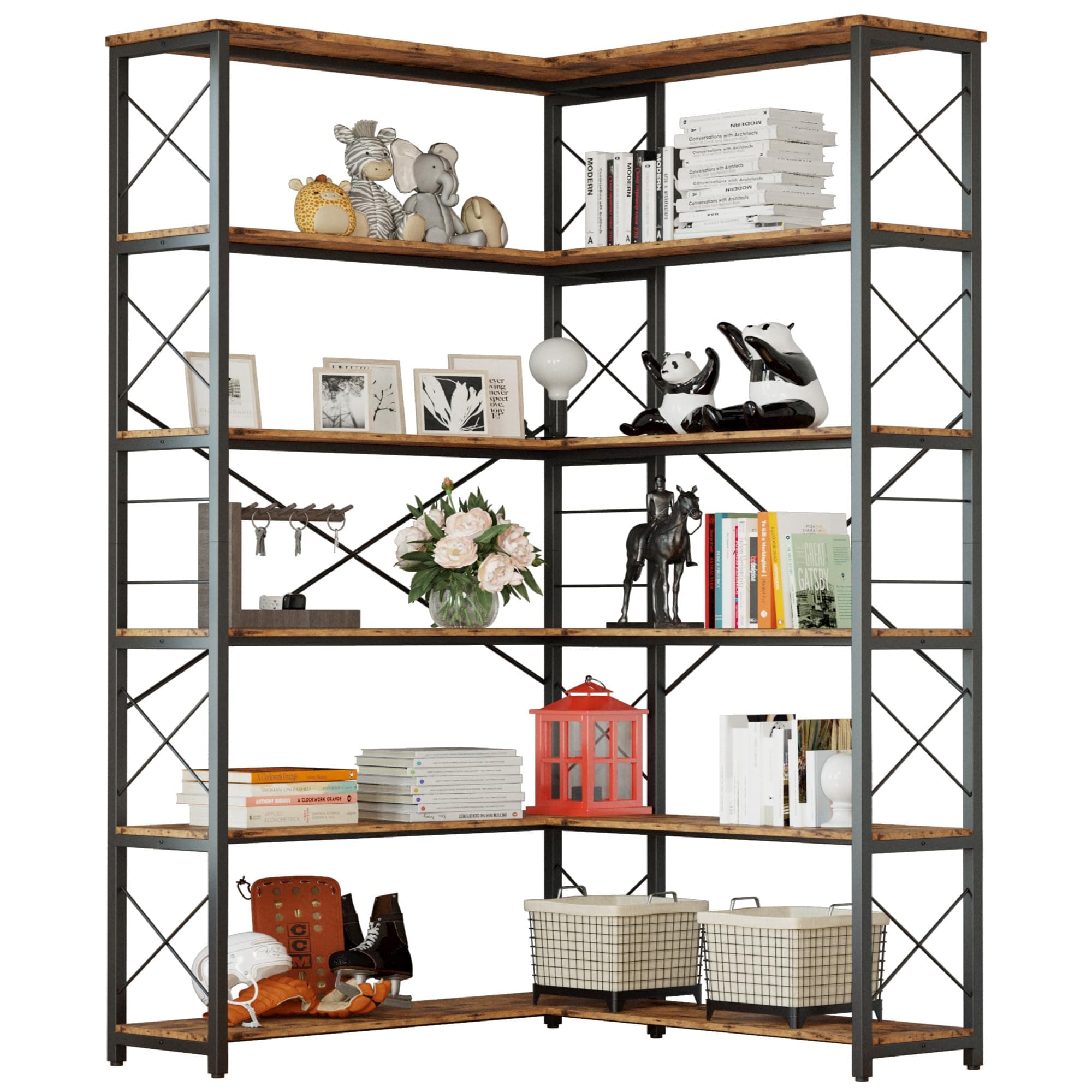 IRONCK Vintage Industrial 6-Shelf Corner Bookshelf with Metal Frame