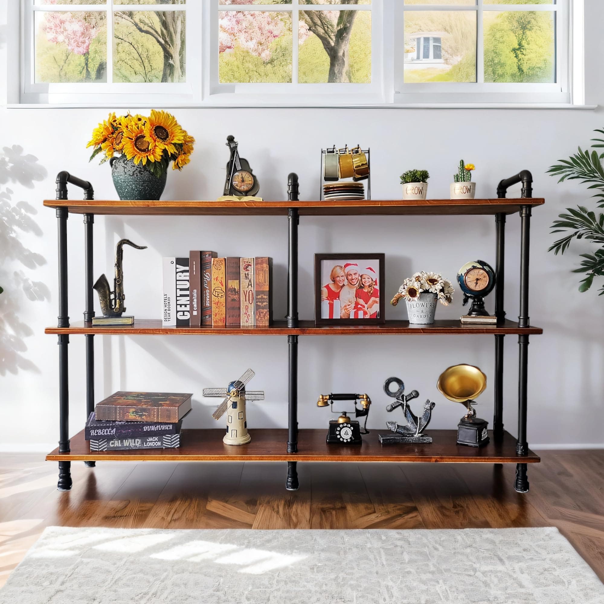 Rustic Brown 3-Tier Industrial Pipe Bookshelf, 60" L x 39" H for Living Room, Entry, Office