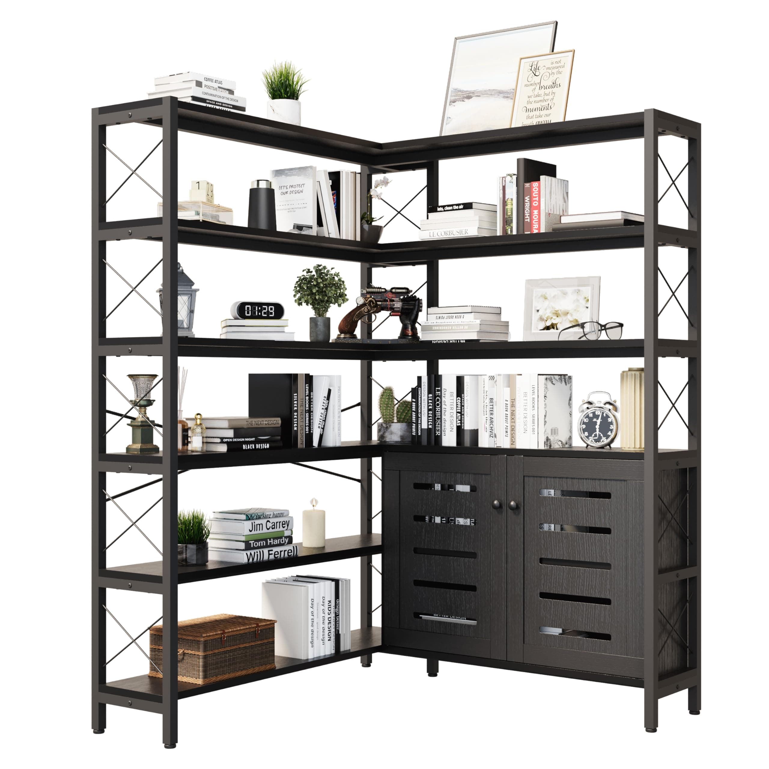 Industrial Corner Bookcase with Metal Frame for Living Room Home Office