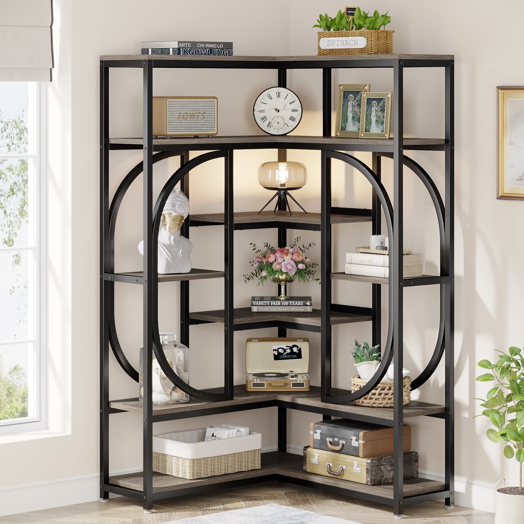 Tribesigns Large Grey Corner Bookshelf with Storage for Living Room and Office