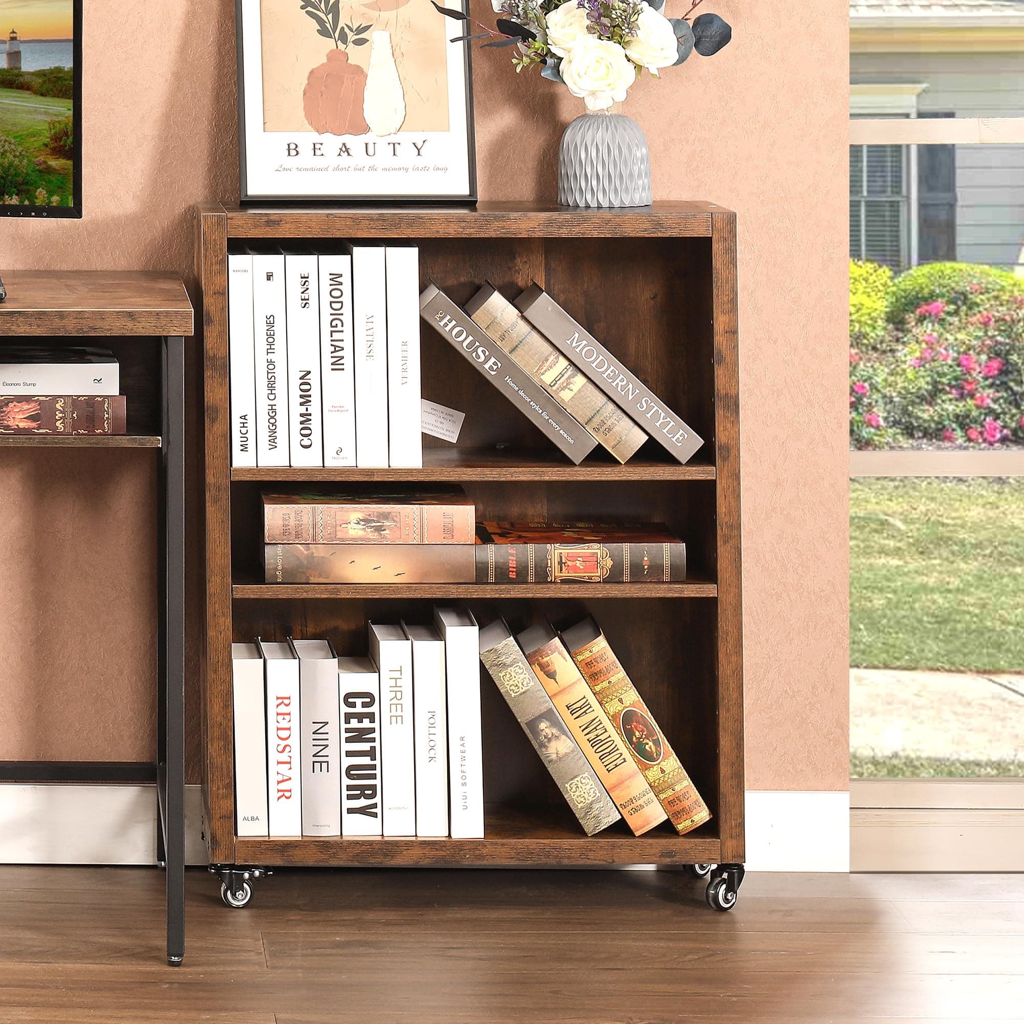Industrial Style 3-Tier Bookshelf with Wheels and Adjustable Shelves