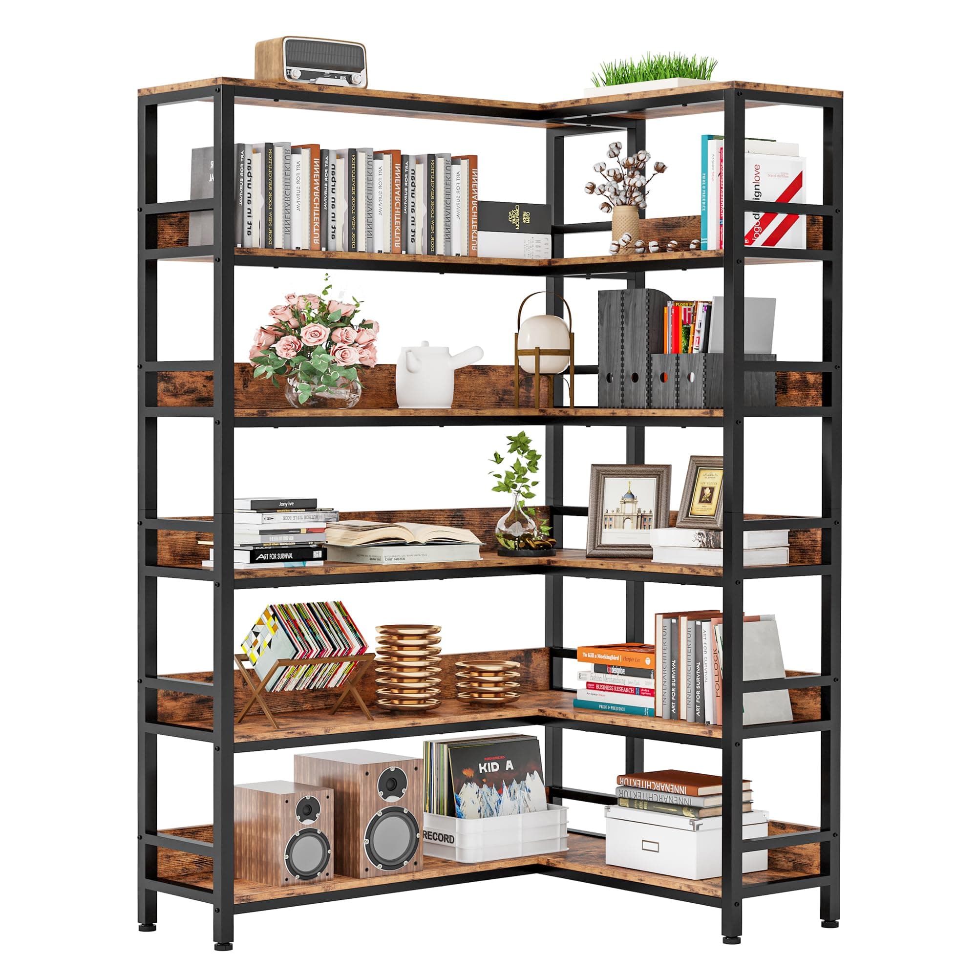 IRONCK 6-Tier Corner Bookshelves with Baffles for Living Room and Home Office