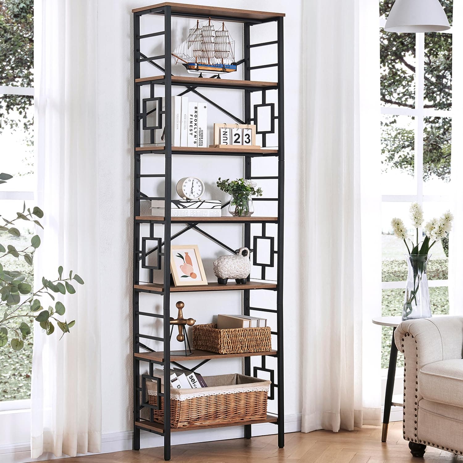 Industrial 7-Tier Tall Bookshelf with Metal Frame, Open Shelves, Rustic Brown Finish for Office, Living Room, Bedroom - 84 Inch