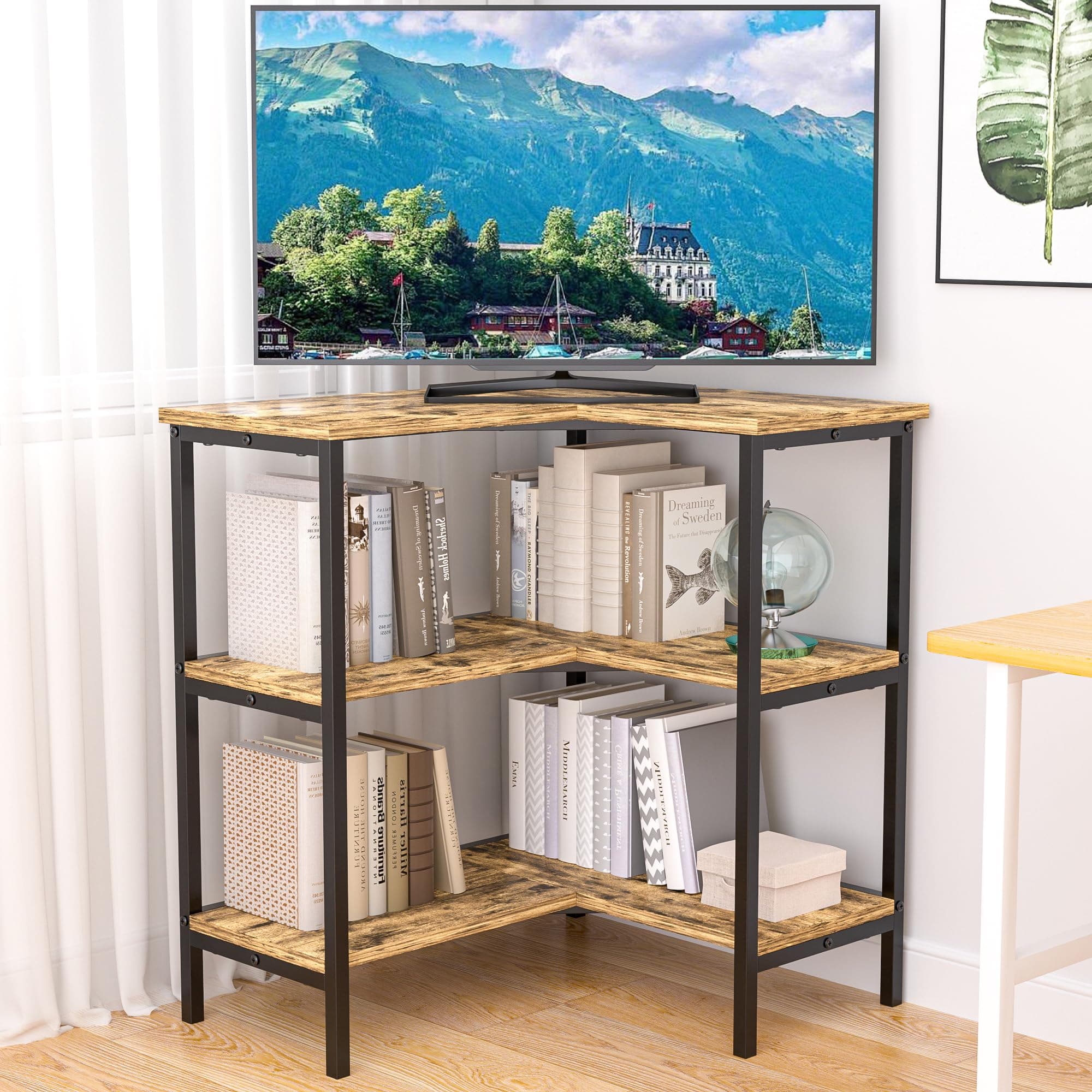 VECELO 40 Modern Corner TV Stand with Open Shelves for Living Room and Bedroom, Grey
