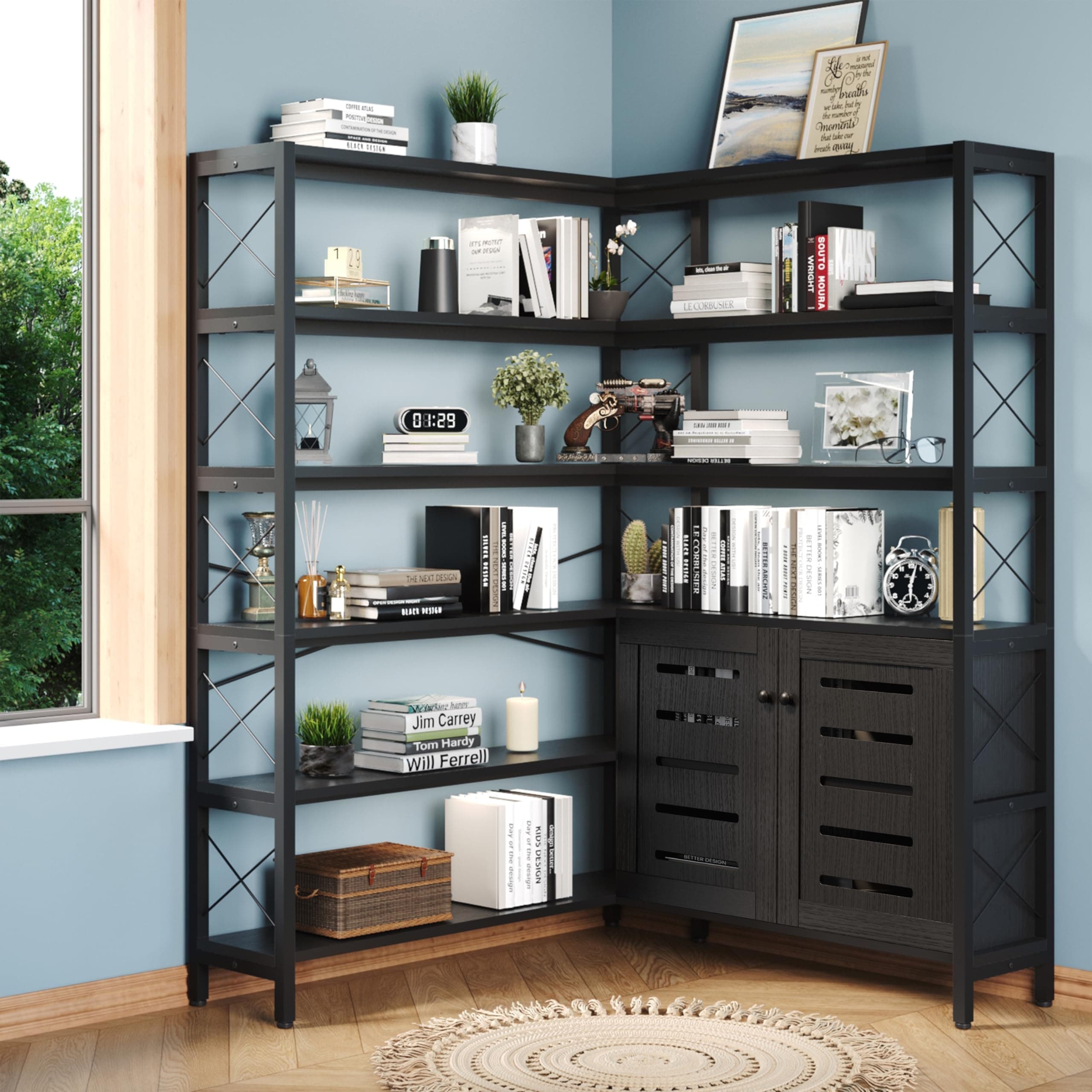 Vintage Industrial 6-Shelf Black Corner Bookshelf with Metal Frame