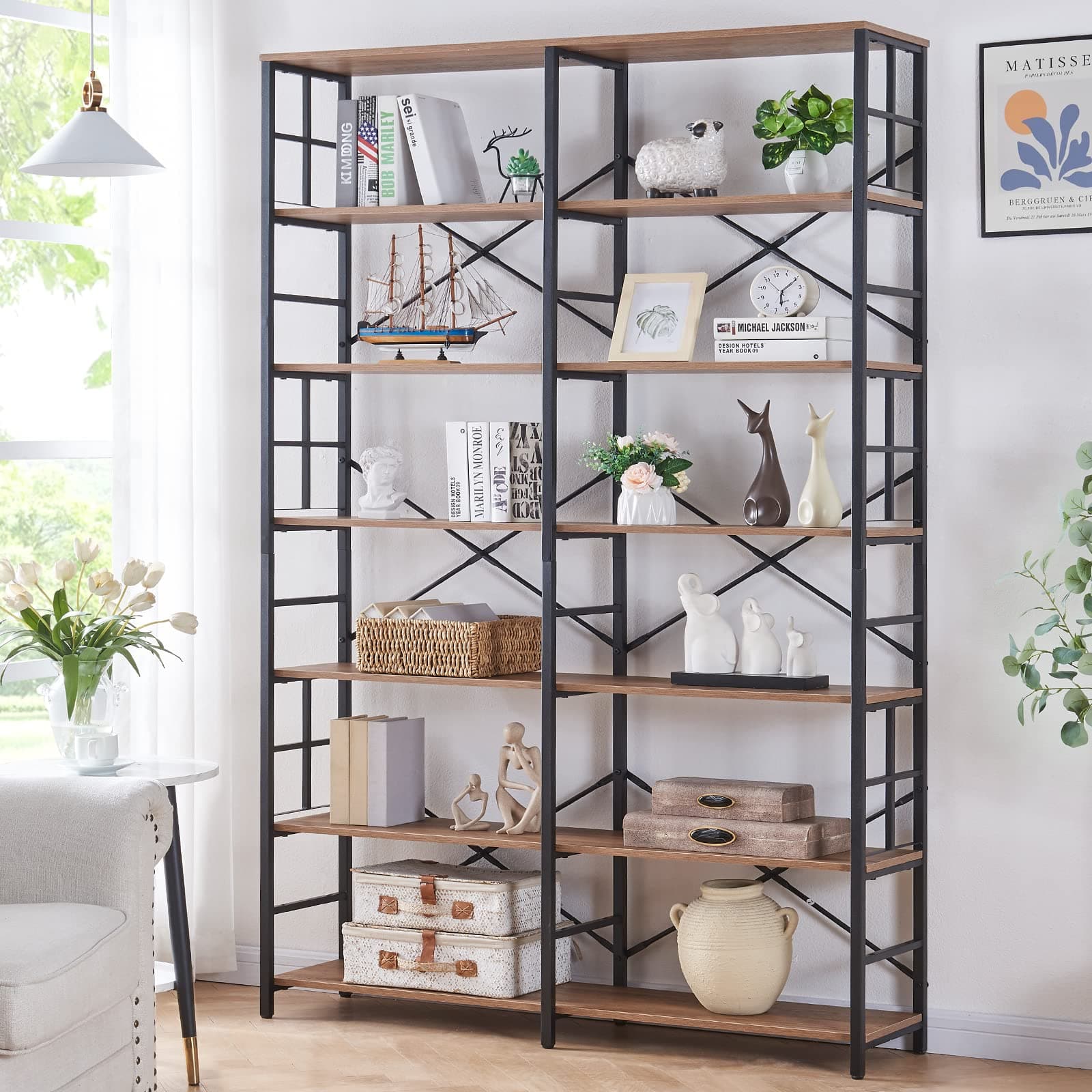 84 Tall Industrial Double Wide 7-Tier Bookshelf for Living Room or Home Office