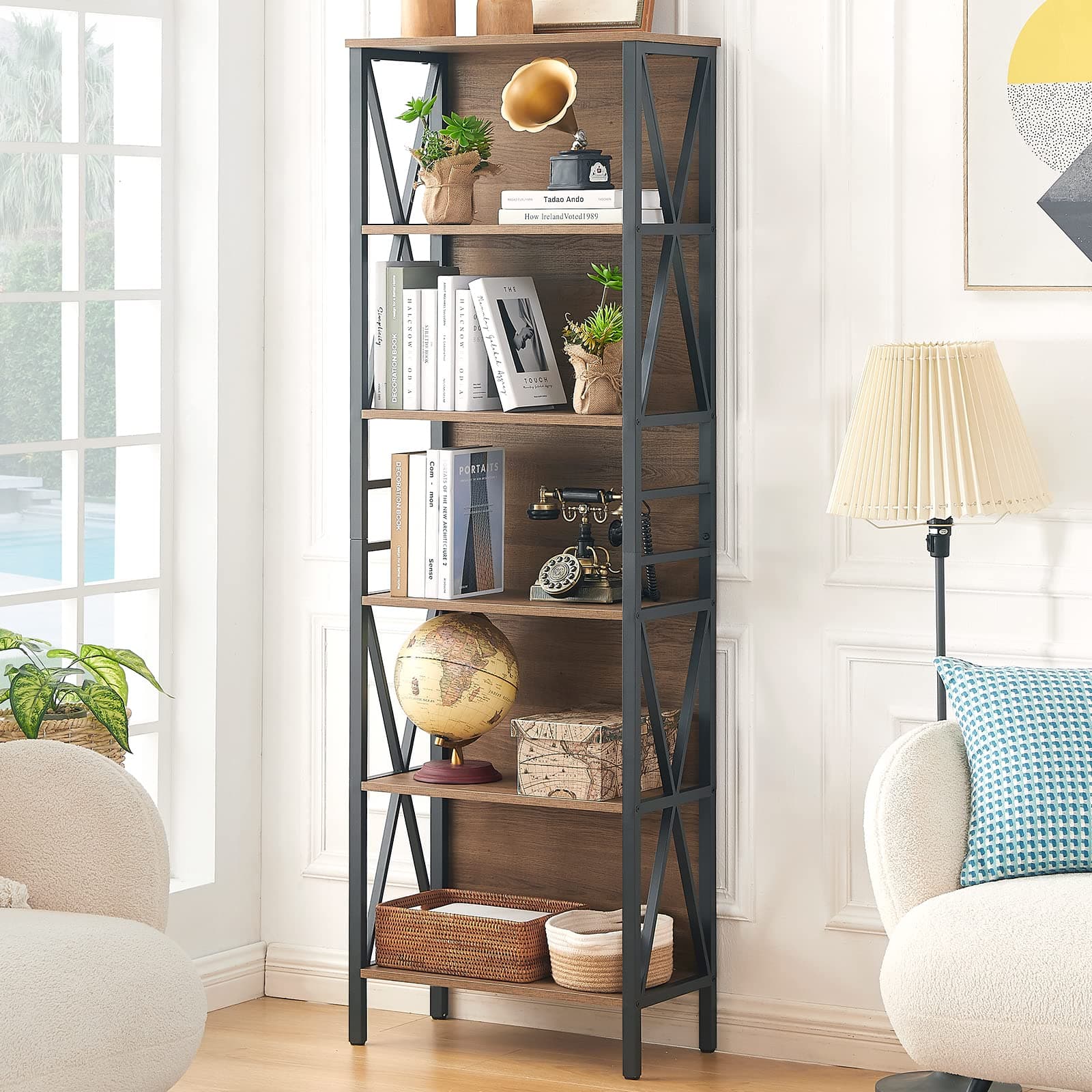 Tall 6-Tier Rustic Wood Metal Bookshelf for Home Office, Living Room, Bedroom