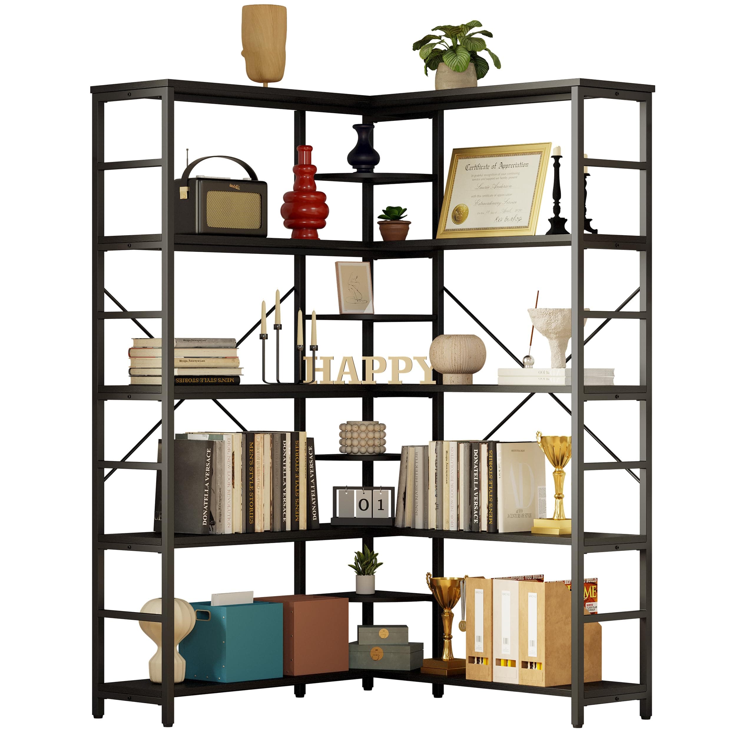 IRONCK 5-Tier Curved Corner Bookcase, Black, for Living Room and Home Office