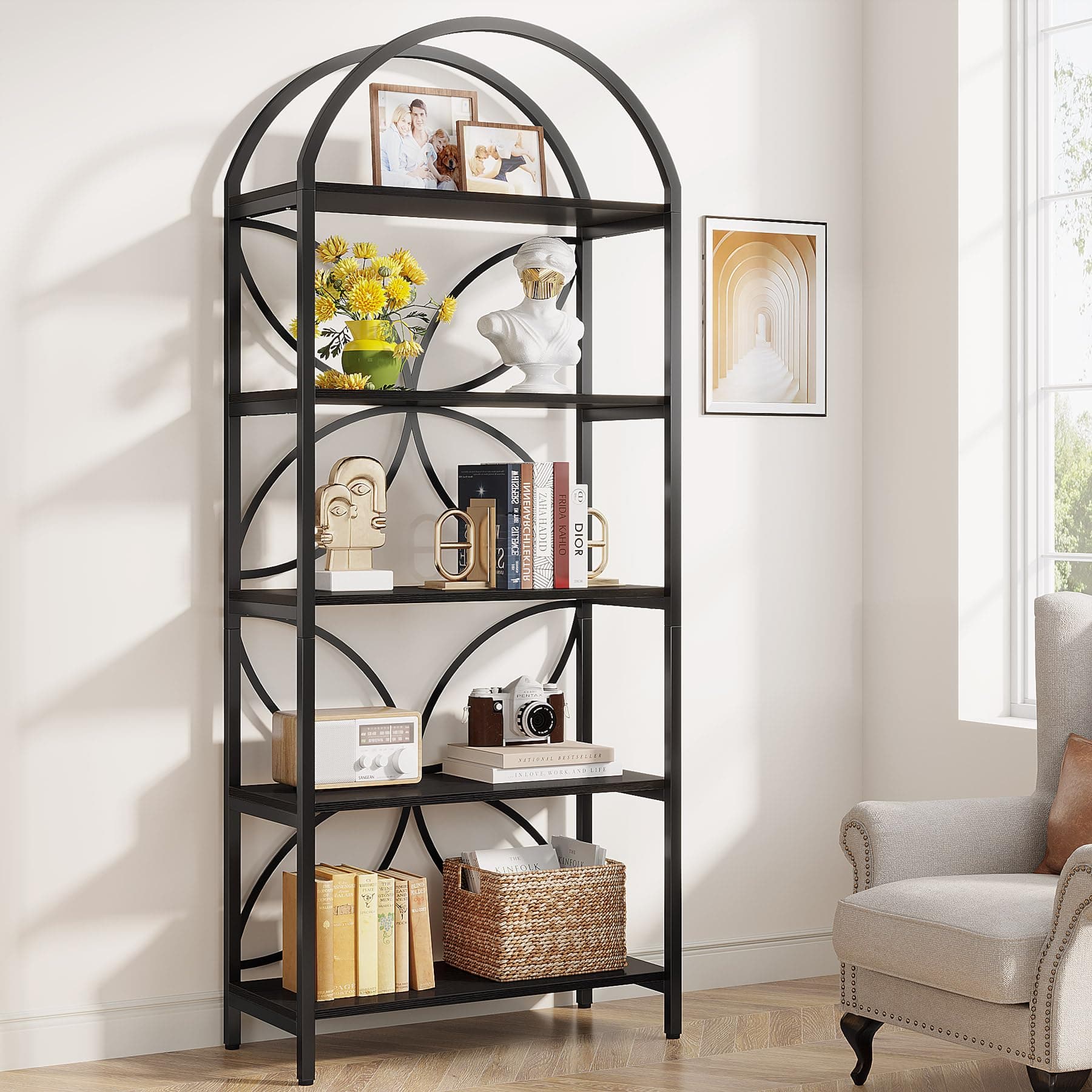 Tribesigns 5-Tier Industrial Bookshelf, Black Metal Frame Tall Bookcase